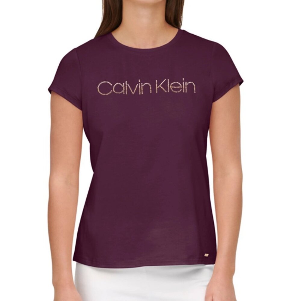 Calvin Klein Studded Rhinestone Logo Short Sleeve Shirt Eggplant Modal Blend